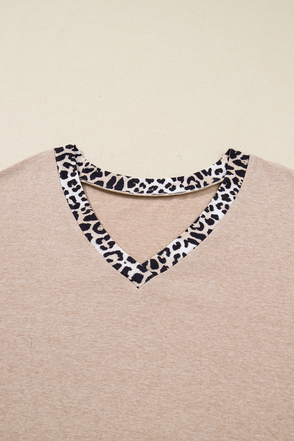 Plus Size Parchment Leopard Patchwork V Neck Long Sleeve  Top