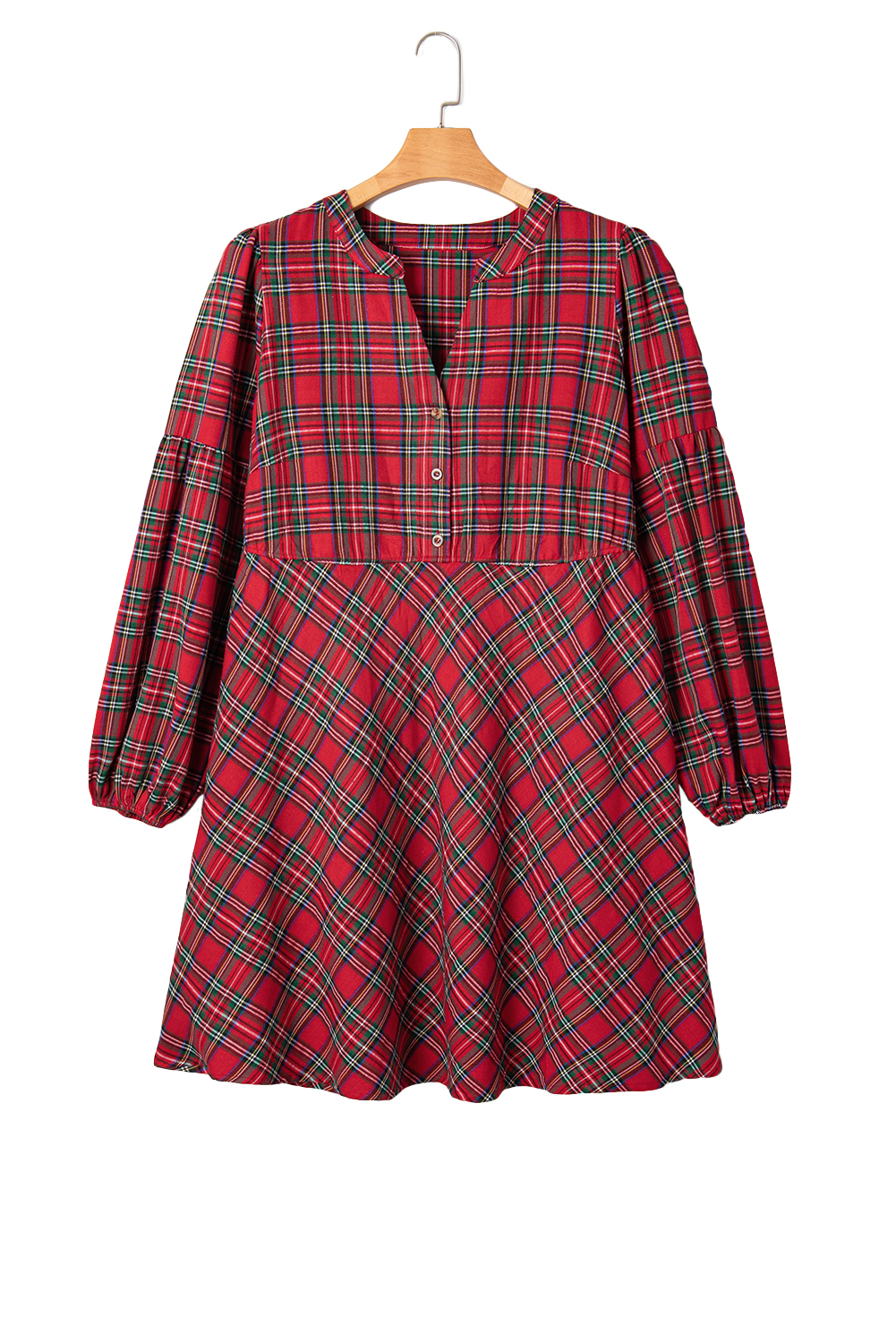 Plus Size Red  Plaid Half Button Long Sleeve Holiday Dress