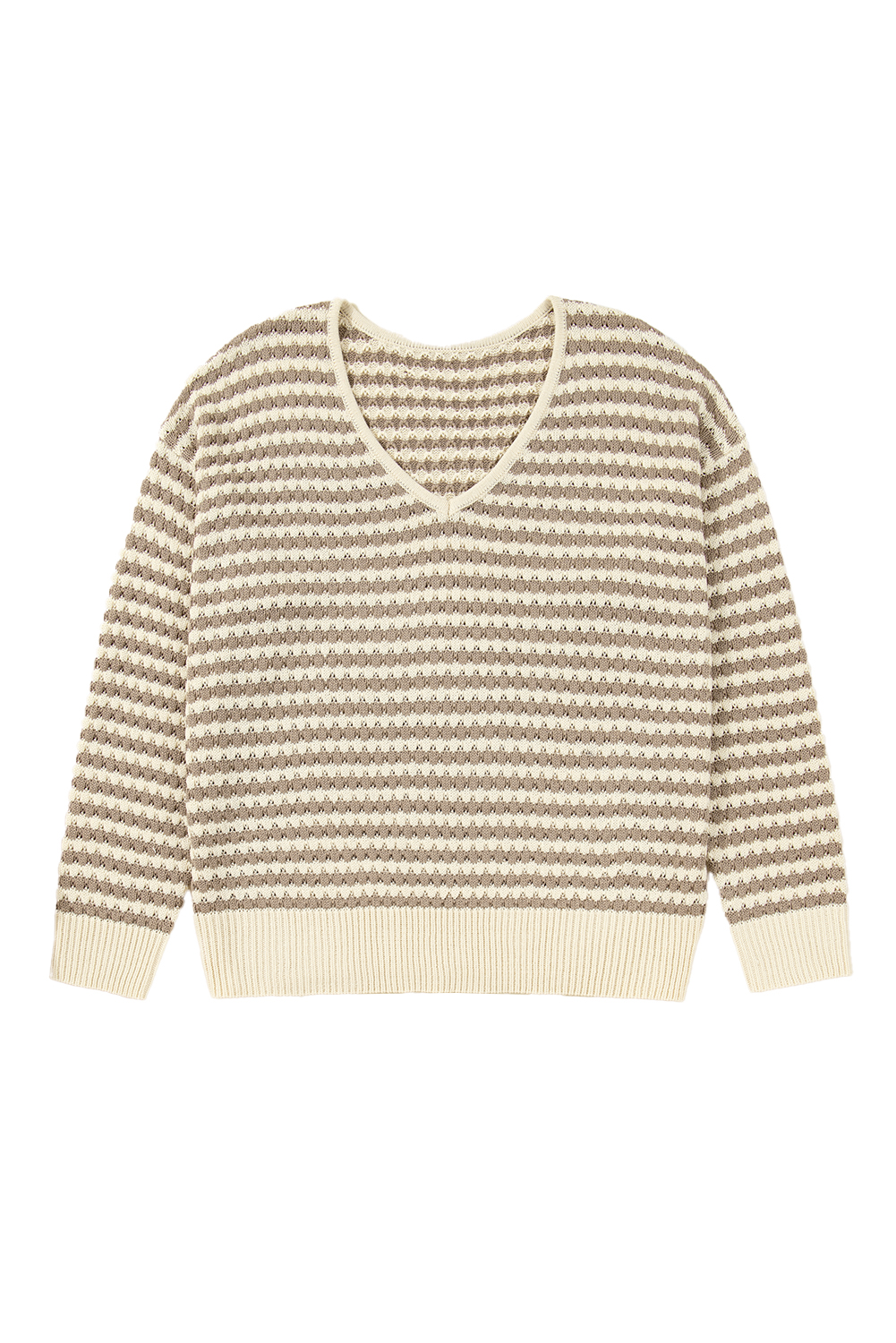 Plus Size Khaki Stripe  V Neck Drop Shoulder Sweater