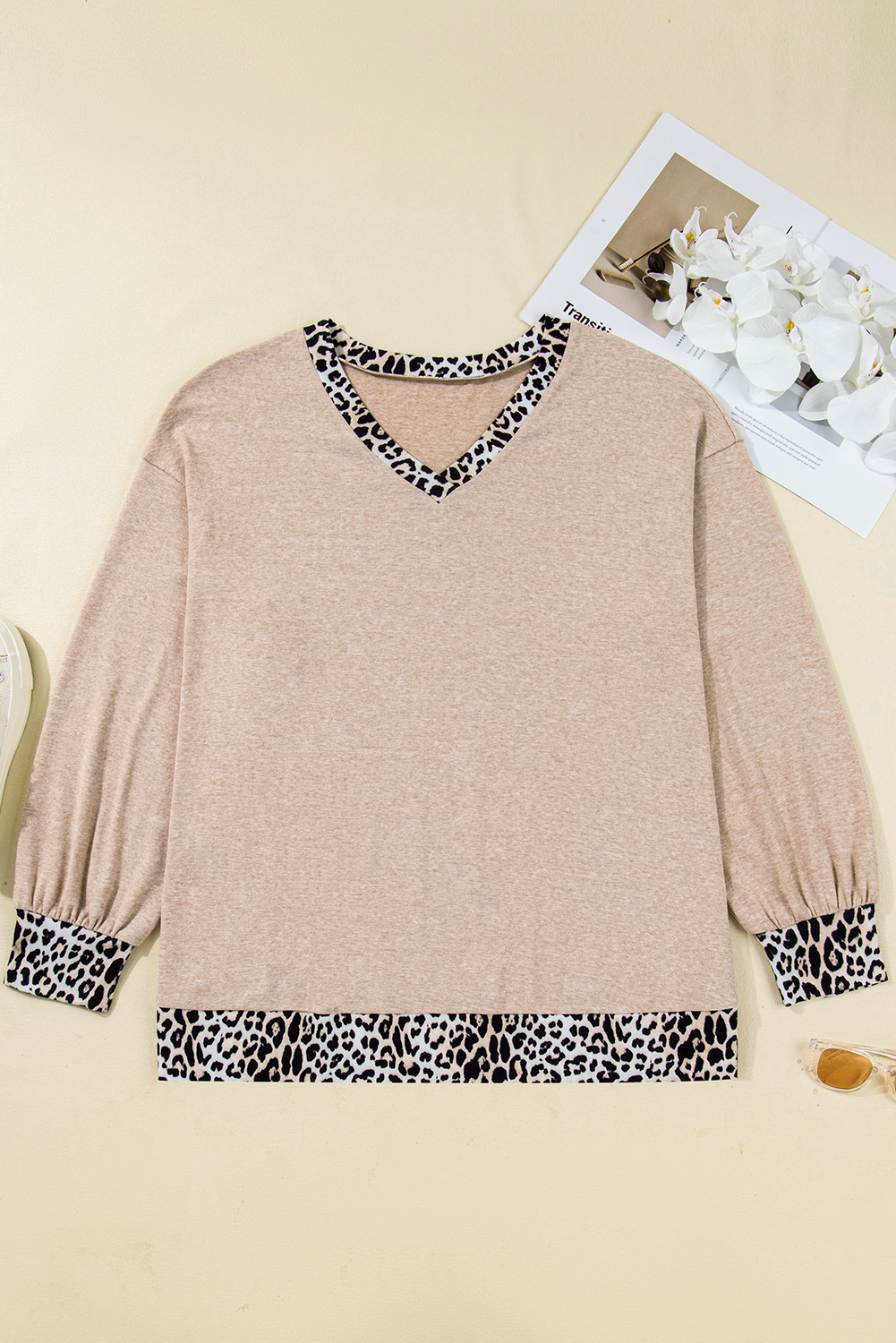 Plus Size Parchment Leopard Patchwork V Neck Long Sleeve  Top