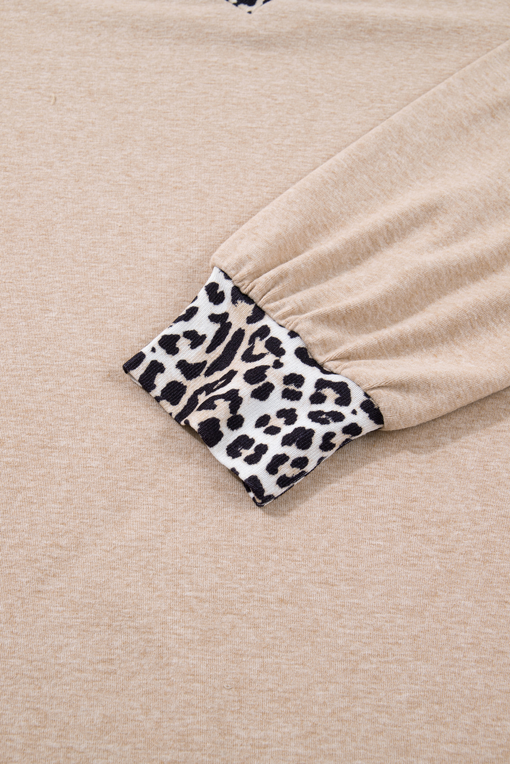 Plus Size Parchment Leopard Patchwork V Neck Long Sleeve  Top