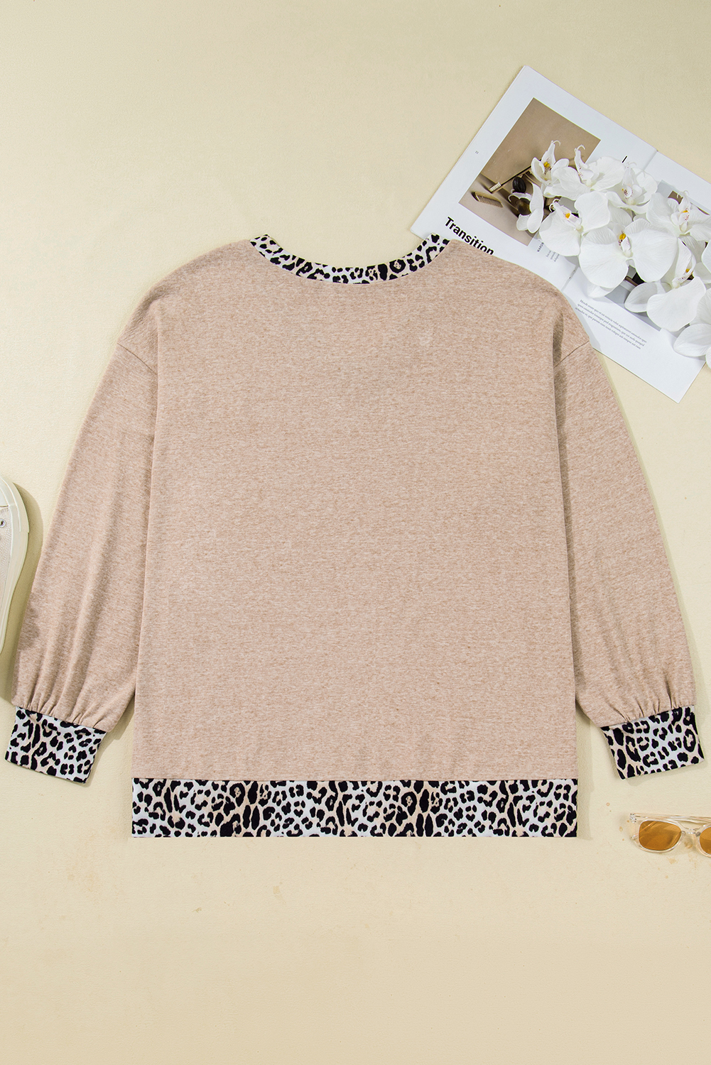 Plus Size Parchment Leopard Patchwork V Neck Long Sleeve  Top