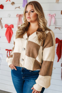 Plus Size Khaki Checkered Ribbed Texture Knit  Cardigan Sweater