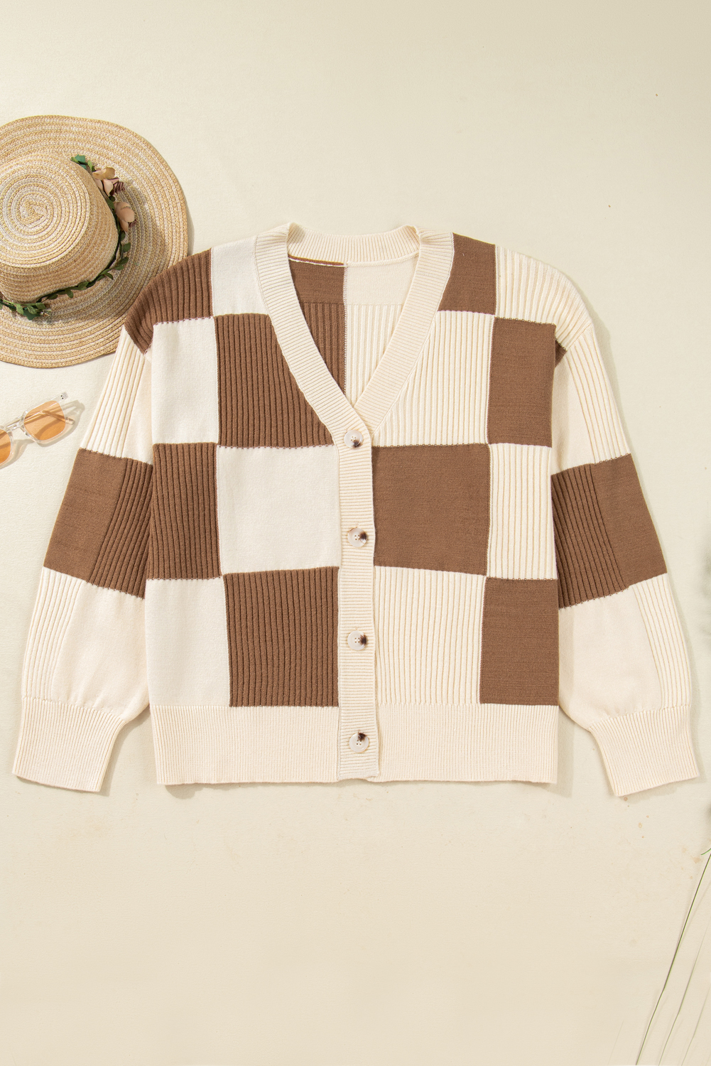 Plus Size Khaki Checkered Ribbed Texture Knit  Cardigan Sweater