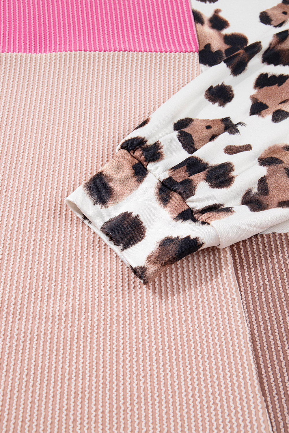 Plus Size Rose Red  Twisted Ribbed Color Block Leopard Patchwork Long Sleeve Top