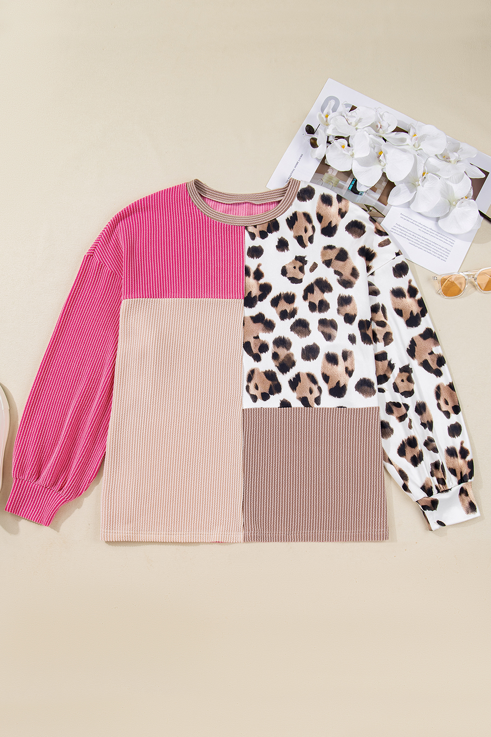 Plus Size Rose Red  Twisted Ribbed Color Block Leopard Patchwork Long Sleeve Top