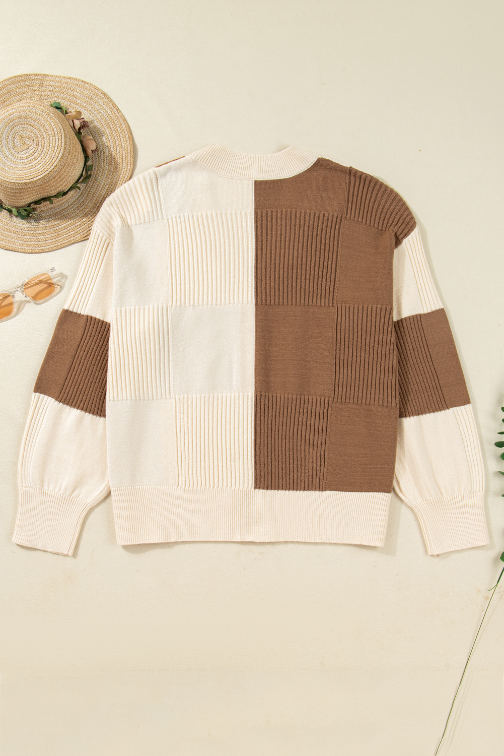 Plus Size Khaki Checkered Ribbed Texture Knit  Cardigan Sweater