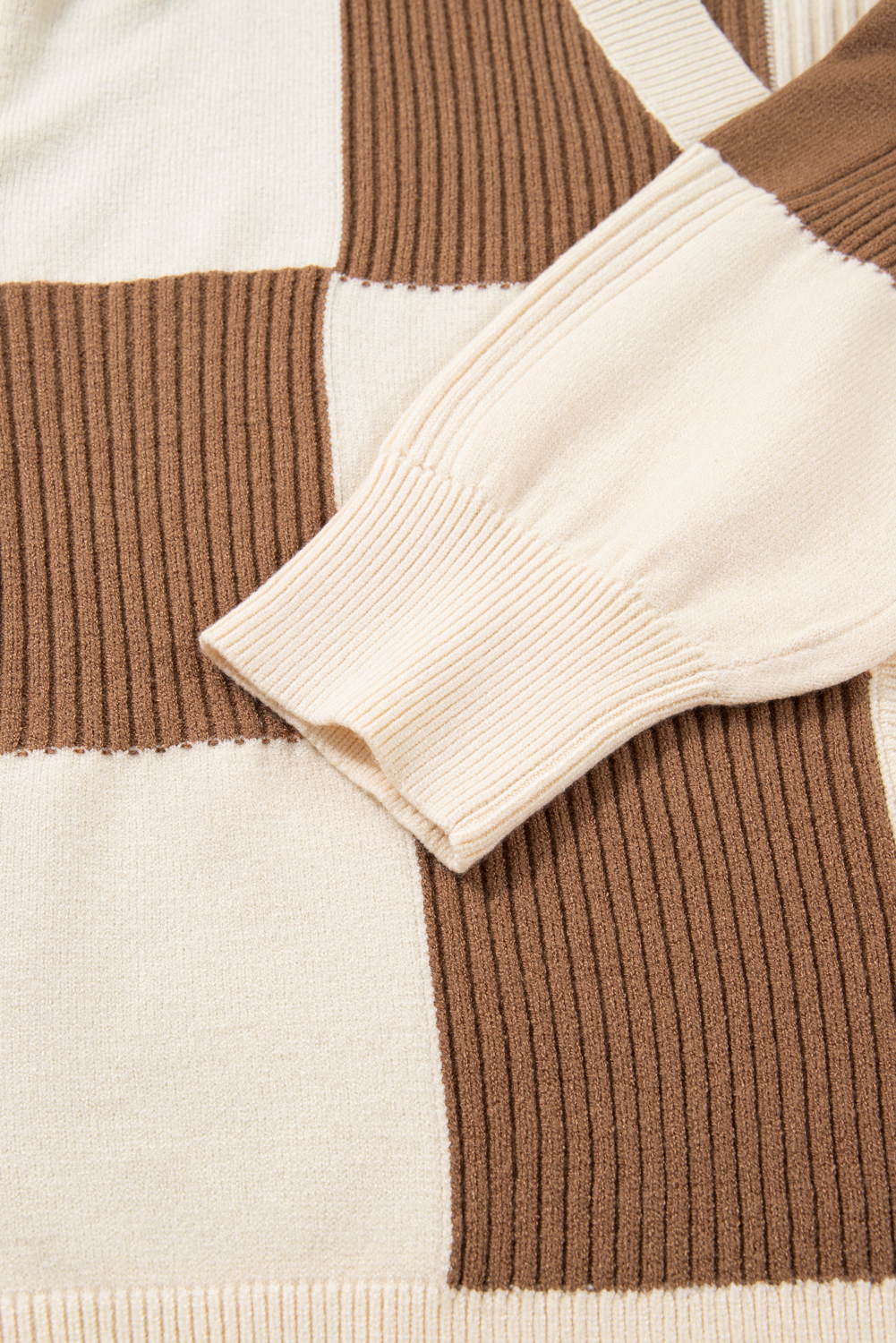 Plus Size Khaki Checkered Ribbed Texture Knit  Cardigan Sweater