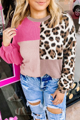 Plus Size Rose Red  Twisted Ribbed Color Block Leopard Patchwork Long Sleeve Top