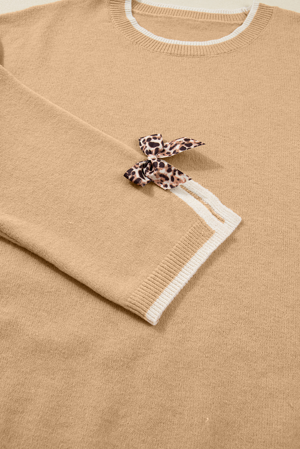 Plus Size Tan  Leopard Bow Decor Split Cuffs Loose Sweater