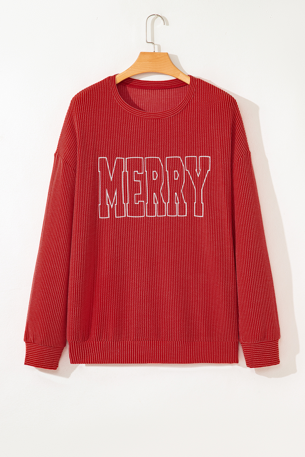 Plus Size Fiery Red Twist Ribbed MERRY Letter Graphic  Pullover