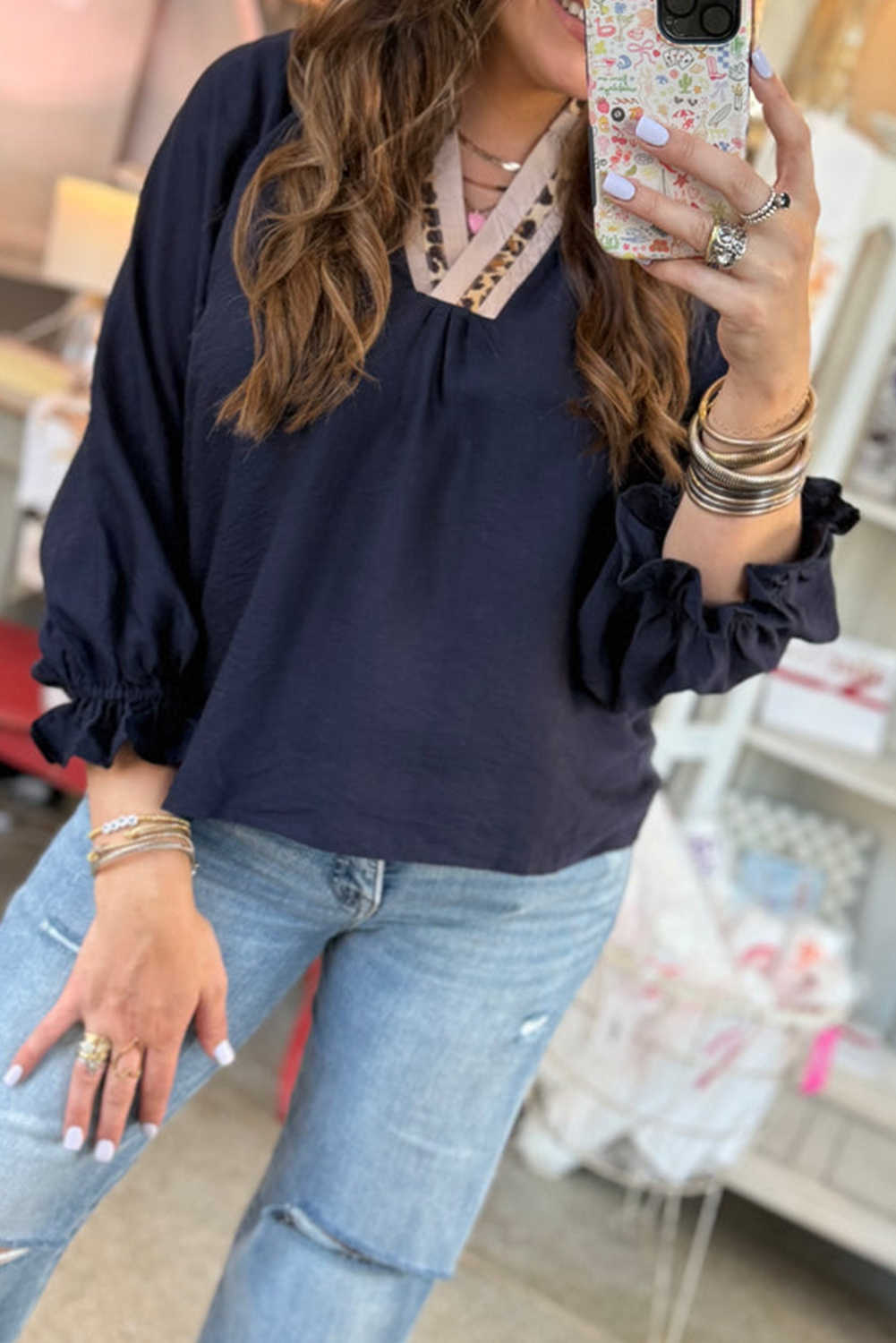 Plus Size Navy Blue Contrast Leopard Patchwork Collar  Long Flounce Sleeve Blouse