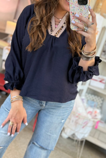 Plus Size Navy Blue Contrast Leopard Patchwork Collar  Long Flounce Sleeve Blouse