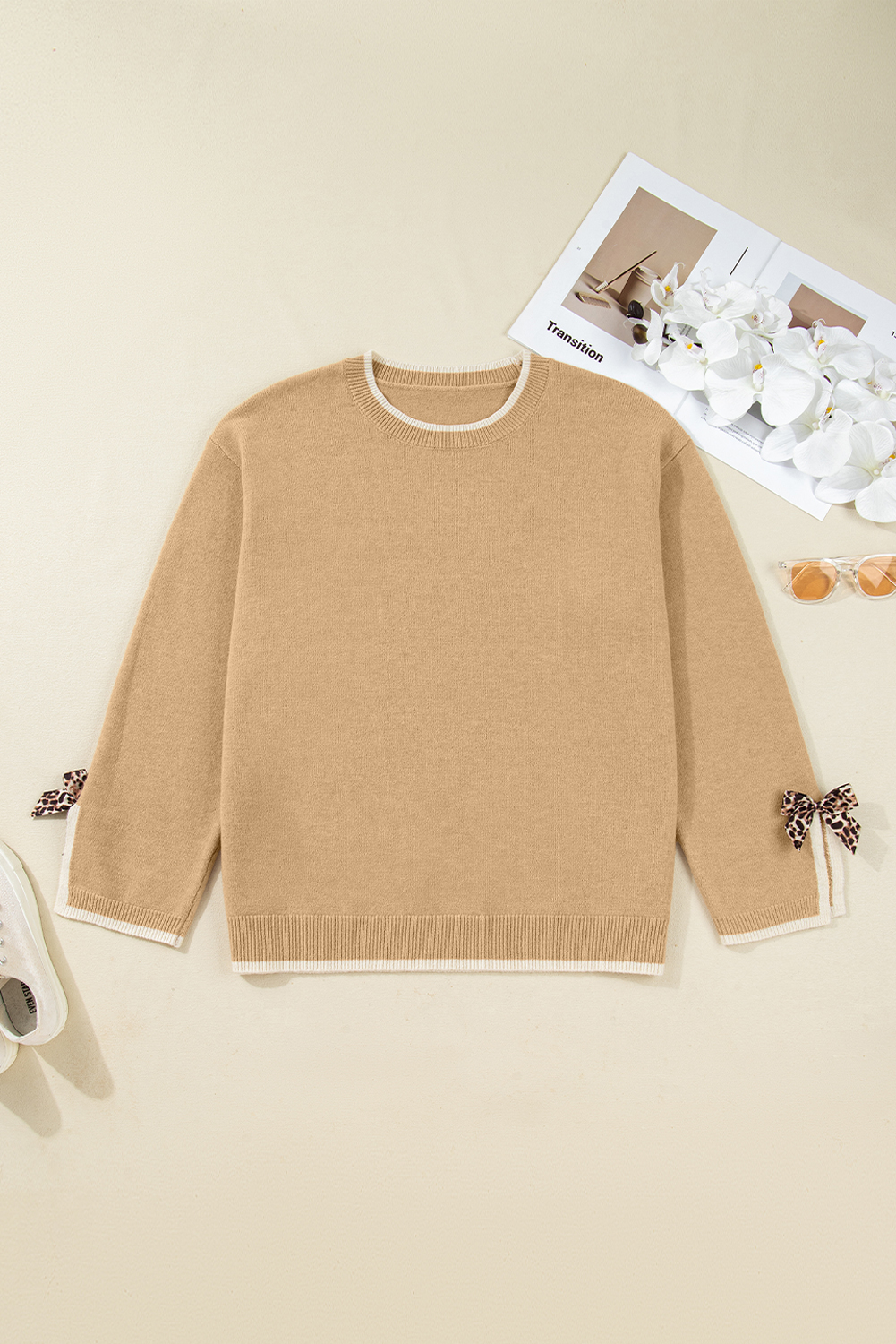 Plus Size Tan  Leopard Bow Decor Split Cuffs Loose Sweater