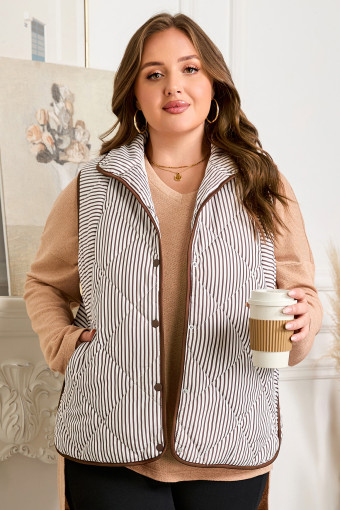 Plus Size Brown Stripe Quilted Wavy Hem Snap Button  Vest
