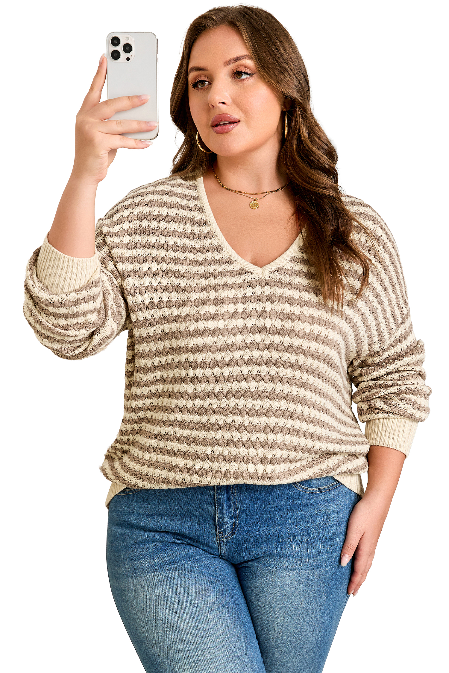 Plus Size Khaki Stripe  V Neck Drop Shoulder Sweater