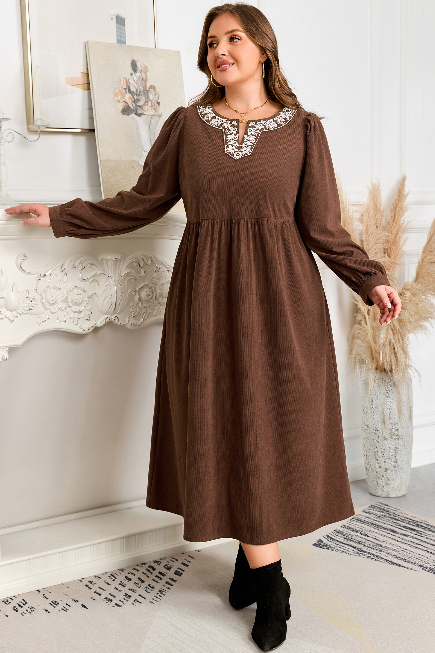 Plus Size Coffee Embroidered Notched Neckline Textured Pleated High Waist  Midi Dress