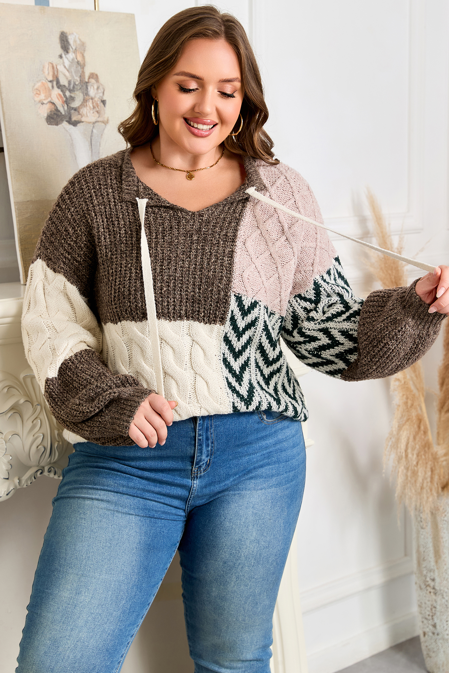 Plus Size Brown  Color Block Patchwork Knotted Back Loose Fit Sweater