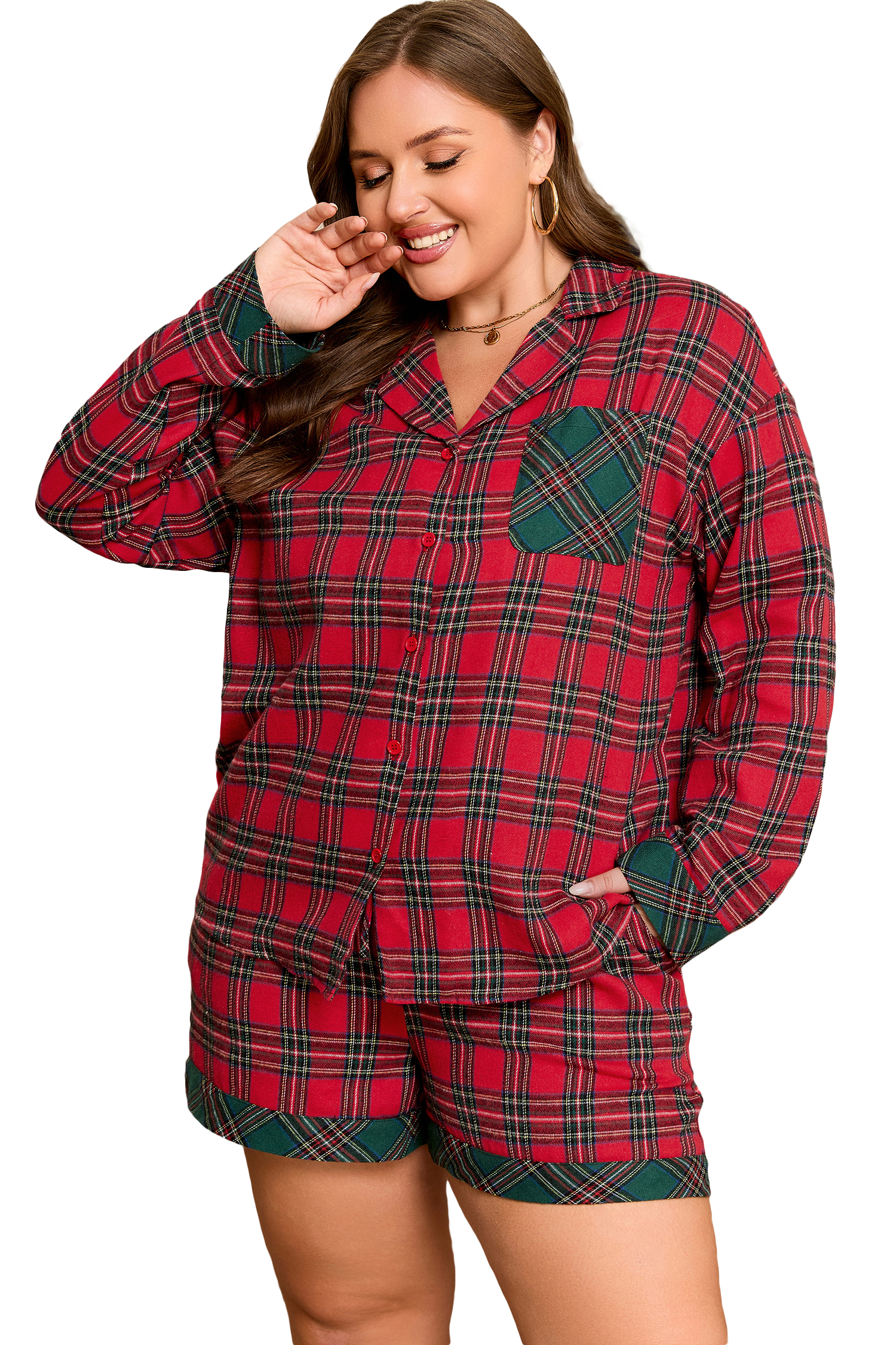 Plus Size Red  Plaid Contrast Patchwork Long Sleeve Shirt and Shorts 2pcs Pajama Set
