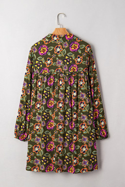 Plus Size Green  Floral Print Collared V Neck Loose Mini Dress