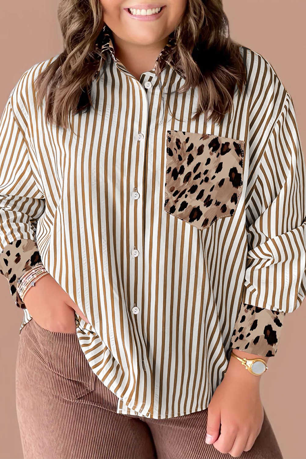 Plus Size Brown Stripe Leopard Patched Collared Chest Pocket Cuffed Long Sleeve  Shirt