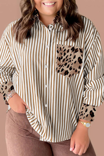 Plus Size Brown Stripe Leopard Patched Collared Chest Pocket Cuffed Long Sleeve  Shirt