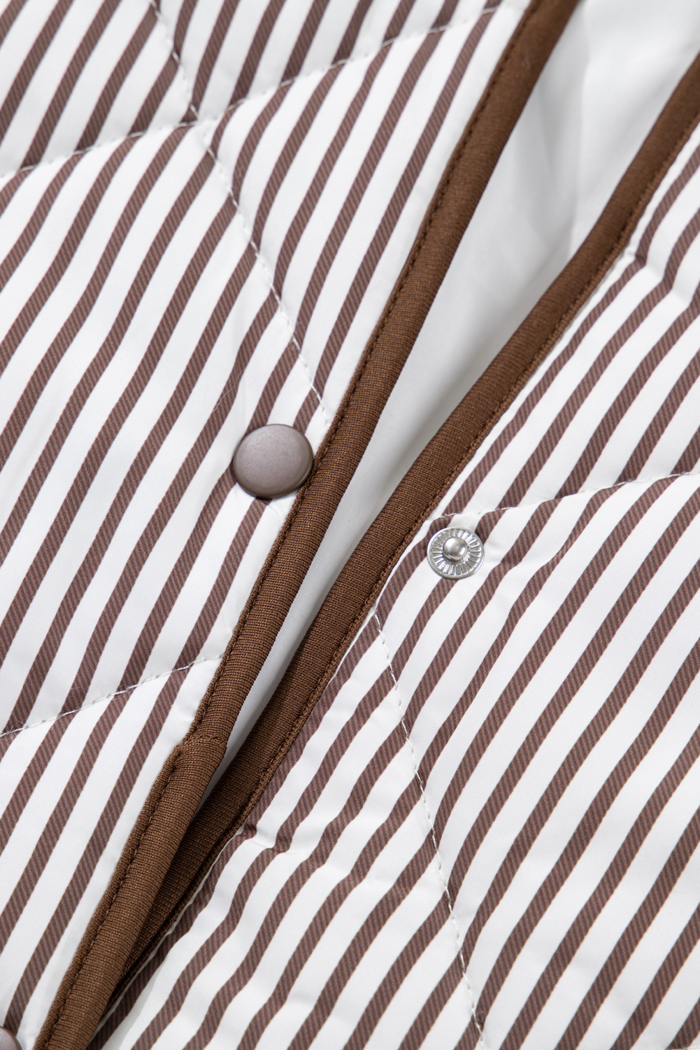 Plus Size Brown Stripe Quilted Wavy Hem Snap Button  Vest