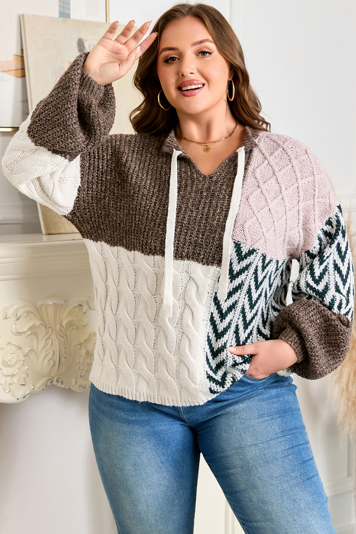 Plus Size Brown  Color Block Patchwork Knotted Back Loose Fit Sweater