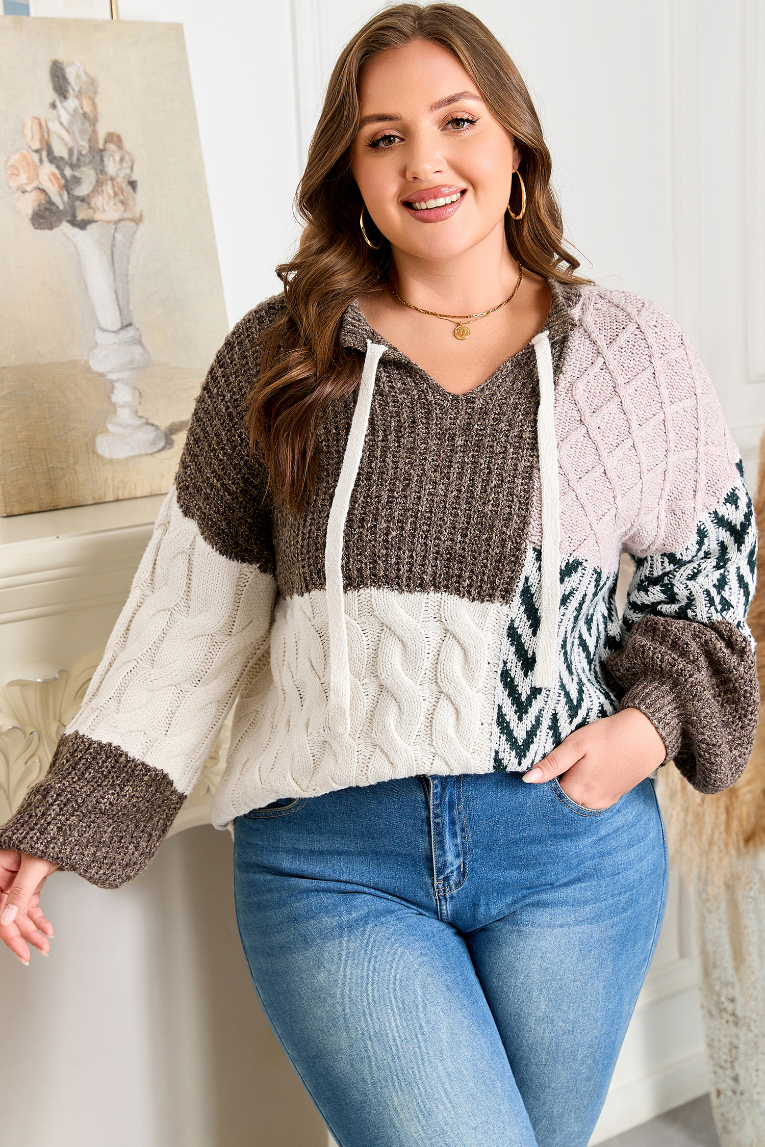 Plus Size Brown  Color Block Patchwork Knotted Back Loose Fit Sweater