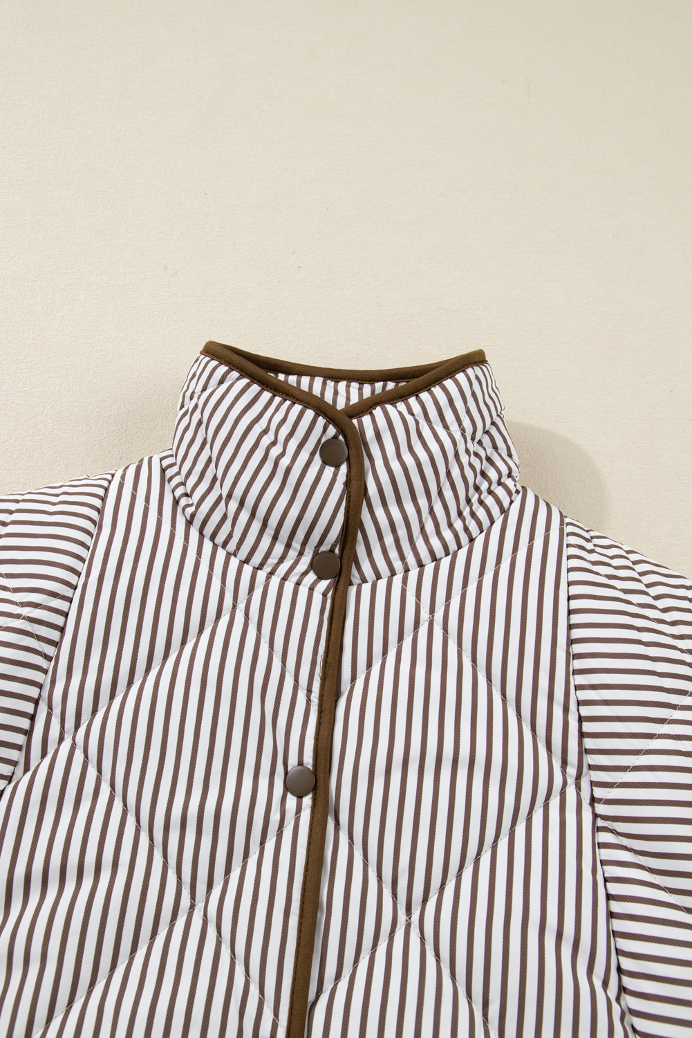 Plus Size Brown Stripe Quilted Wavy Hem Snap Button  Vest