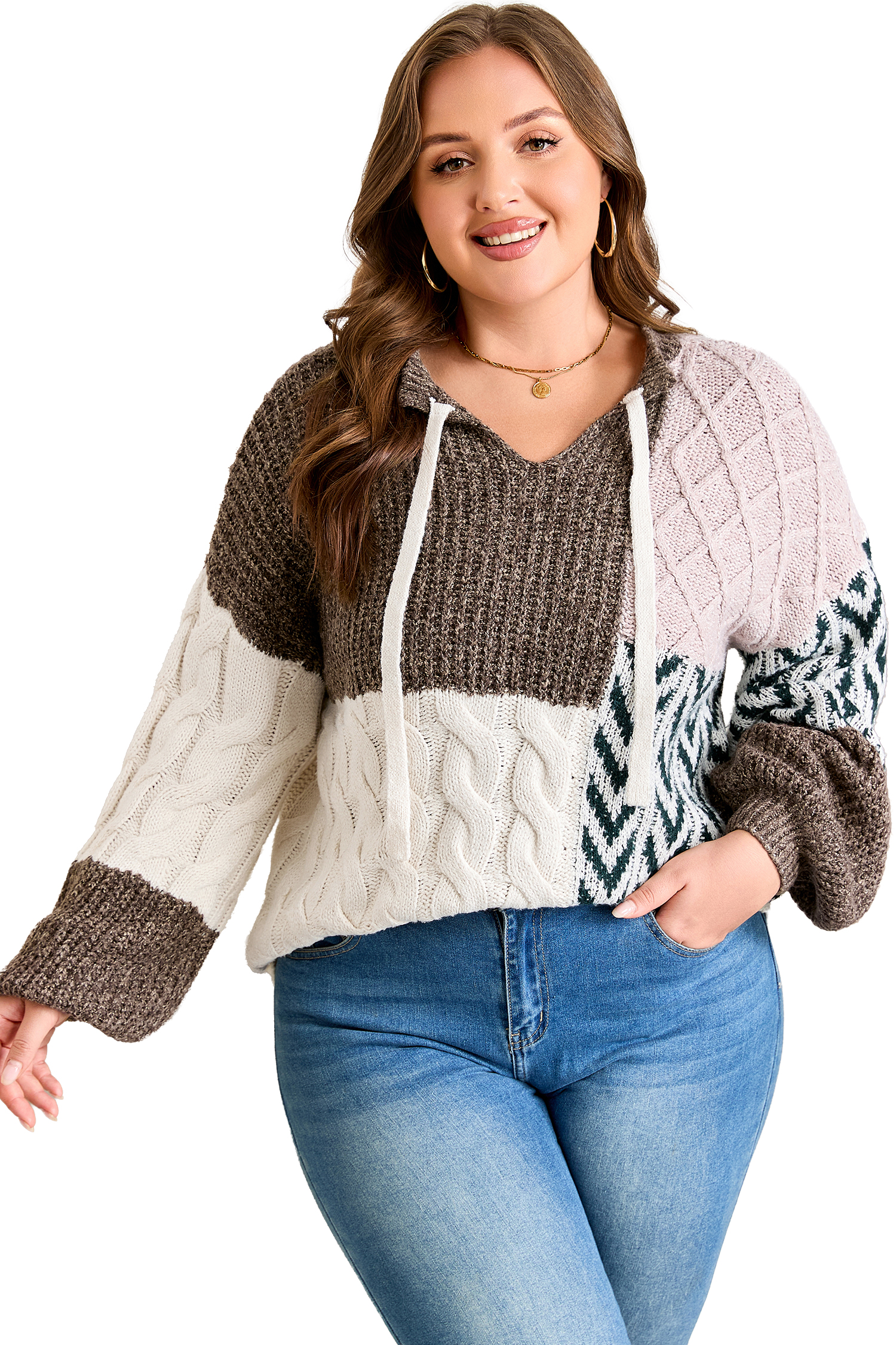 Plus Size Brown  Color Block Patchwork Knotted Back Loose Fit Sweater