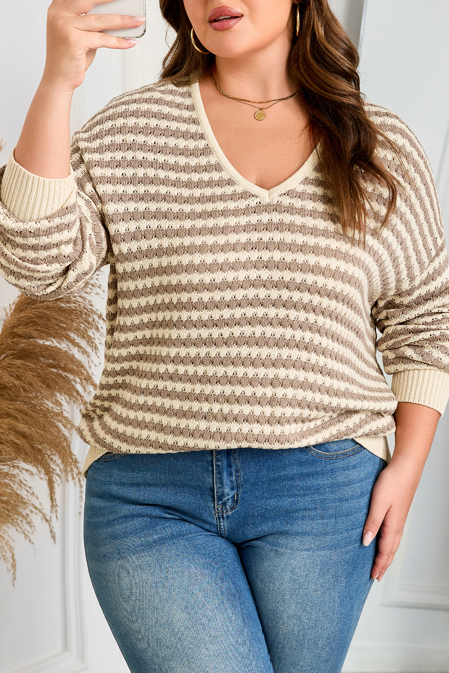 Plus Size Khaki Stripe  V Neck Drop Shoulder Sweater