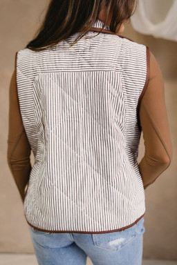 Plus Size Brown Stripe Quilted Wavy Hem Snap Button  Vest