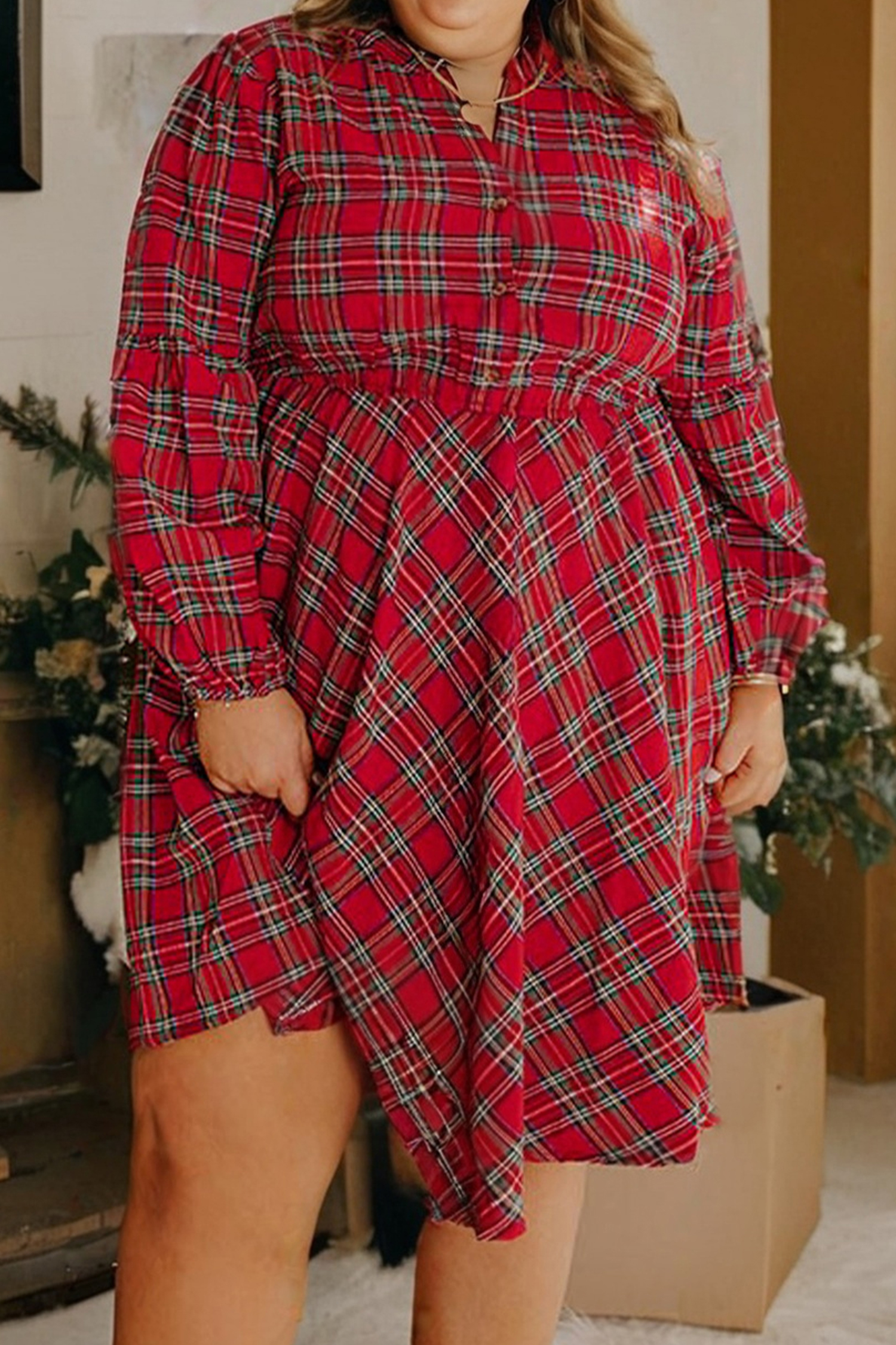 Plus Size Red  Plaid Half Button Long Sleeve Holiday Dress