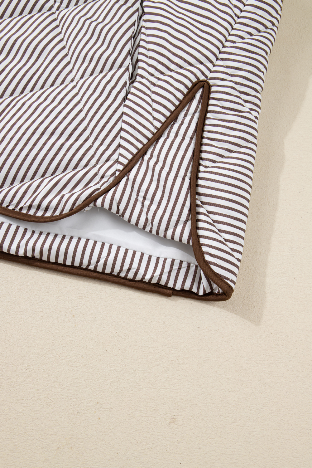 Plus Size Brown Stripe Quilted Wavy Hem Snap Button  Vest