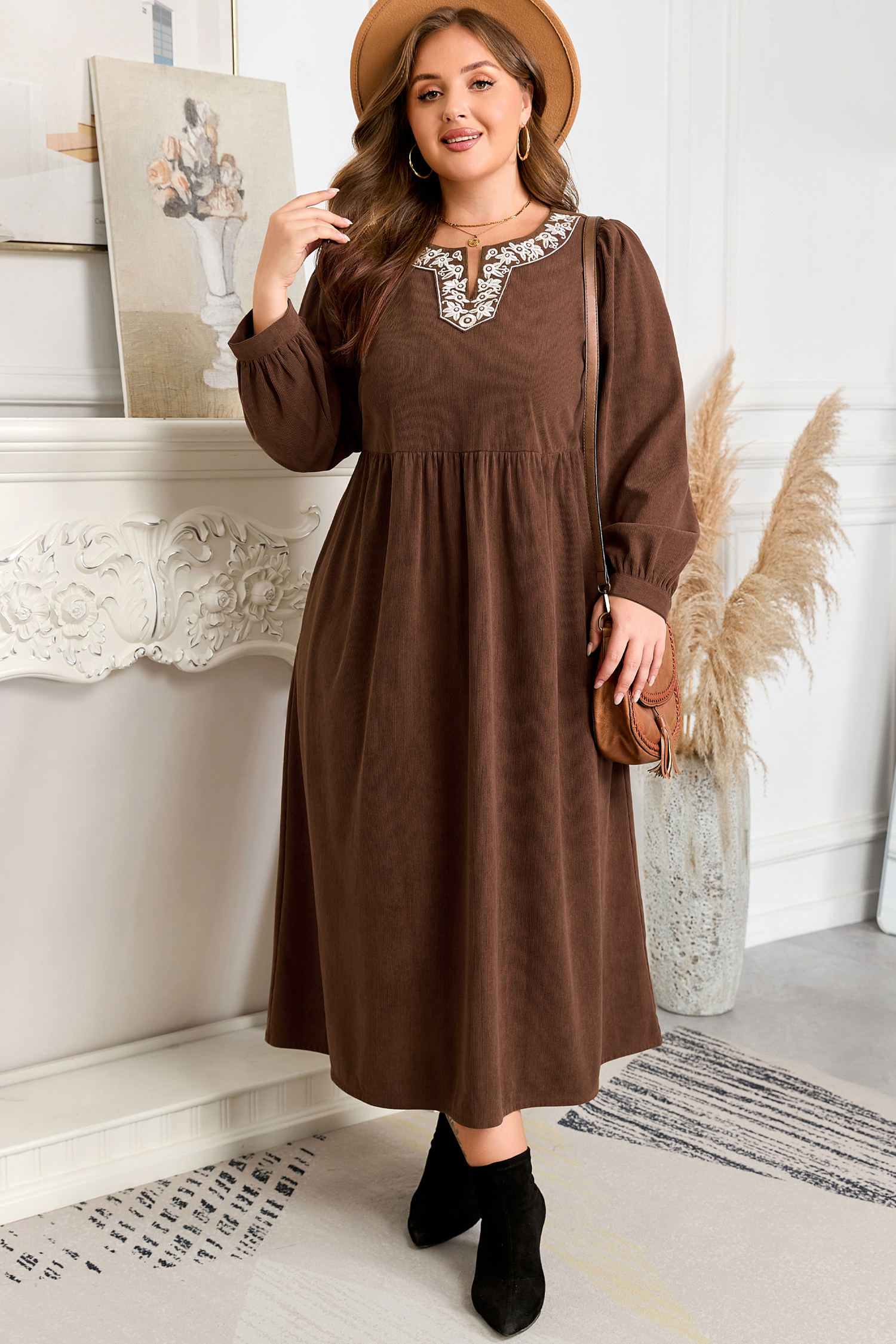 Plus Size Coffee Embroidered Notched Neckline Textured Pleated High Waist  Midi Dress