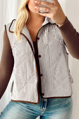 Plus Size Brown Stripe Quilted Wavy Hem Snap Button  Vest
