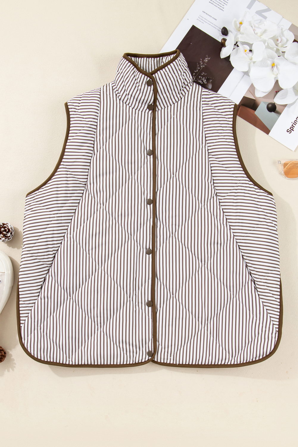 Plus Size Brown Stripe Quilted Wavy Hem Snap Button  Vest