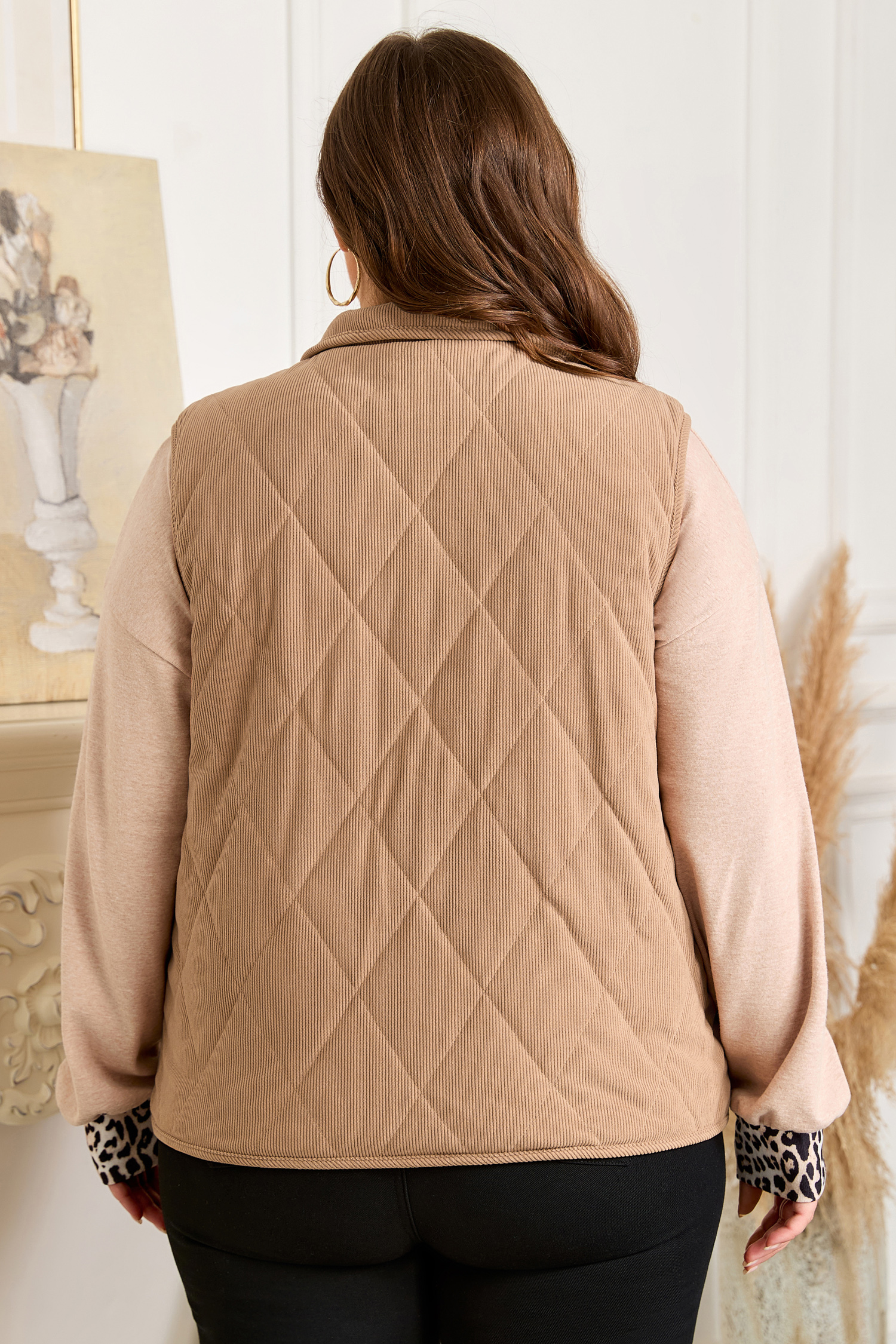 Plus Size Camel  Quilted Cord Snap Button Vest Jacket