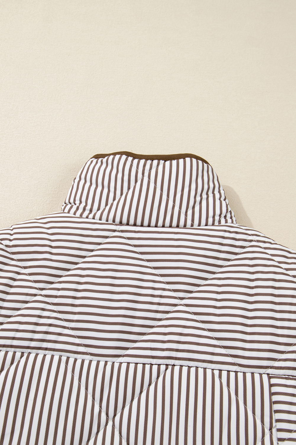 Plus Size Brown Stripe Quilted Wavy Hem Snap Button  Vest