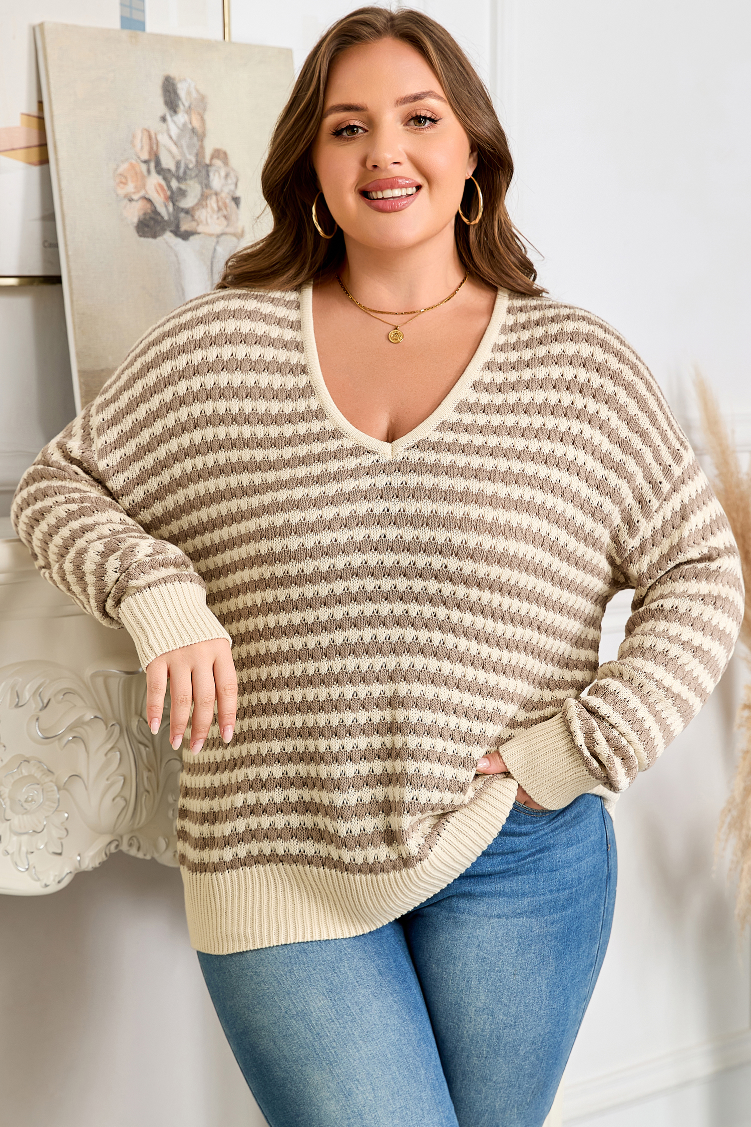 Plus Size Khaki Stripe  V Neck Drop Shoulder Sweater
