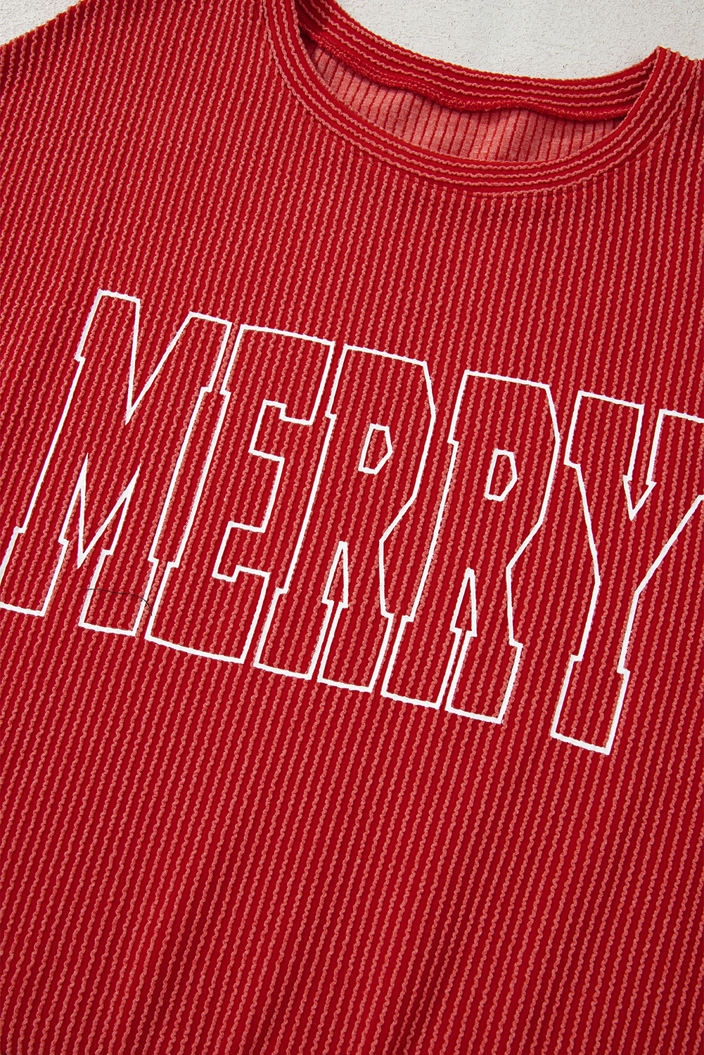 Plus Size Fiery Red Twist Ribbed MERRY Letter Graphic  Pullover