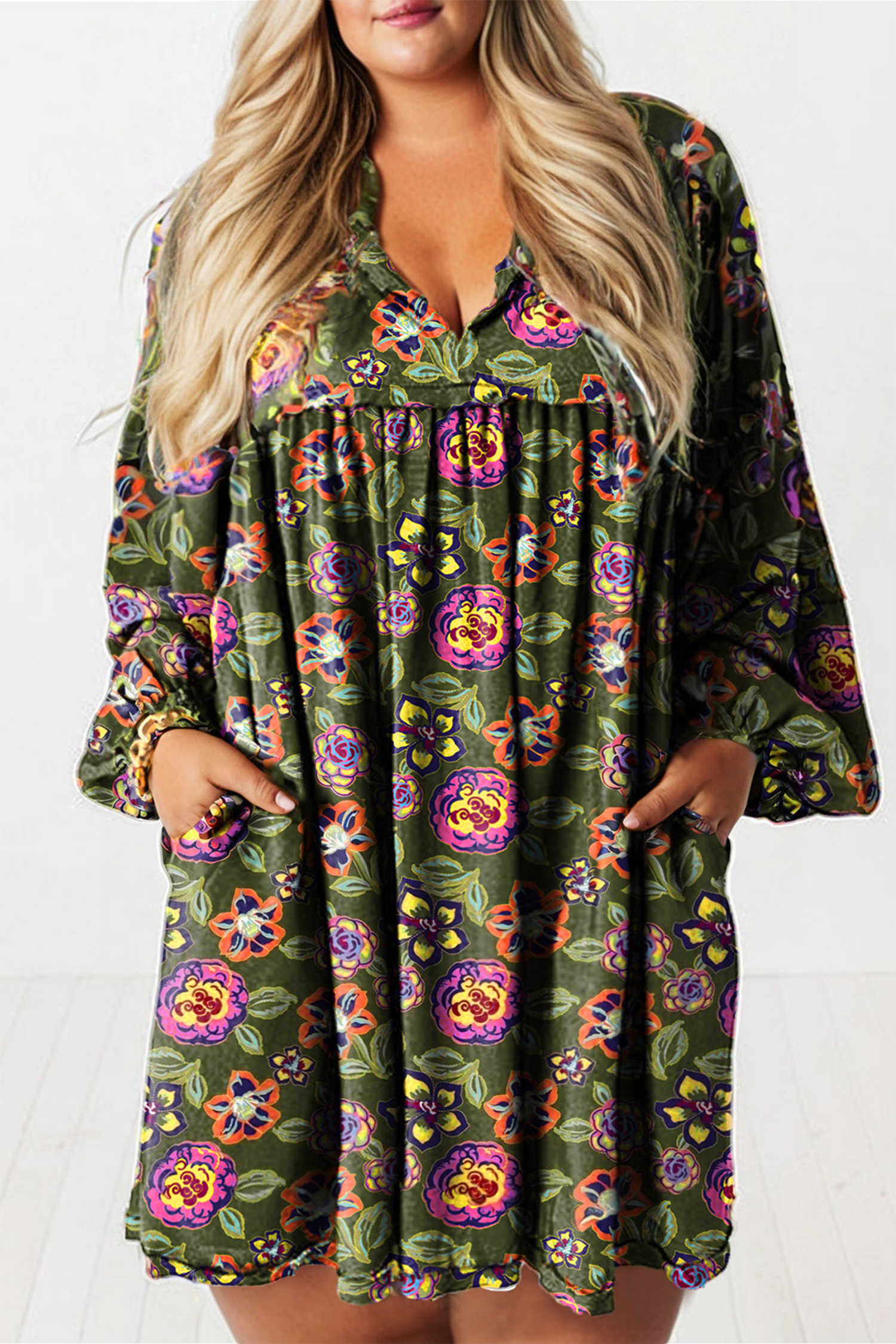 Plus Size Green  Floral Print Collared V Neck Loose Mini Dress