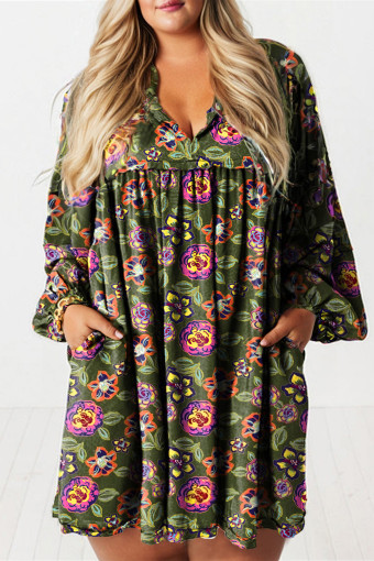 Plus Size Green  Floral Print Collared V Neck Loose Mini Dress