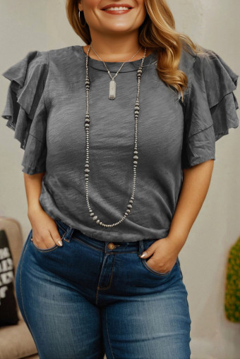Plus Size Dark Grey Double Ruffled Short Sleeve  Top