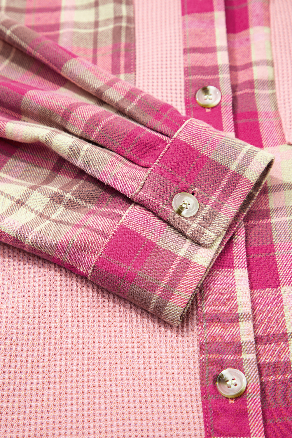 Plus Size Pink Waffle Patch Pocket Plaid Patchwork  Shirt
