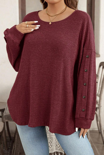 Plus Size Wild Ginger  Ribbed Button Decor Long Sleeve Loose Top