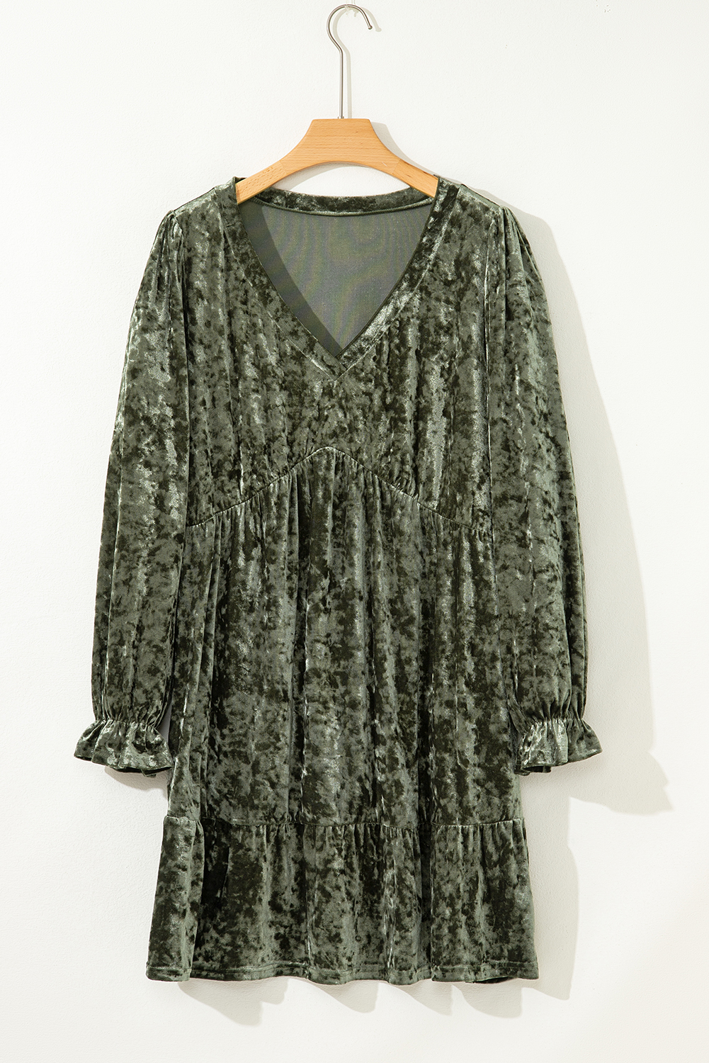 Plus Size Jungle Green  Velvet Babydoll Mini Dress with Puff Sleeve