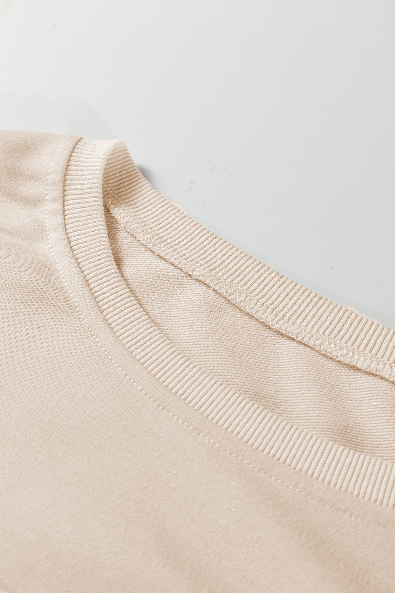 Plus Size Beige Flower Patched Mineral Wash Round Neck  Top