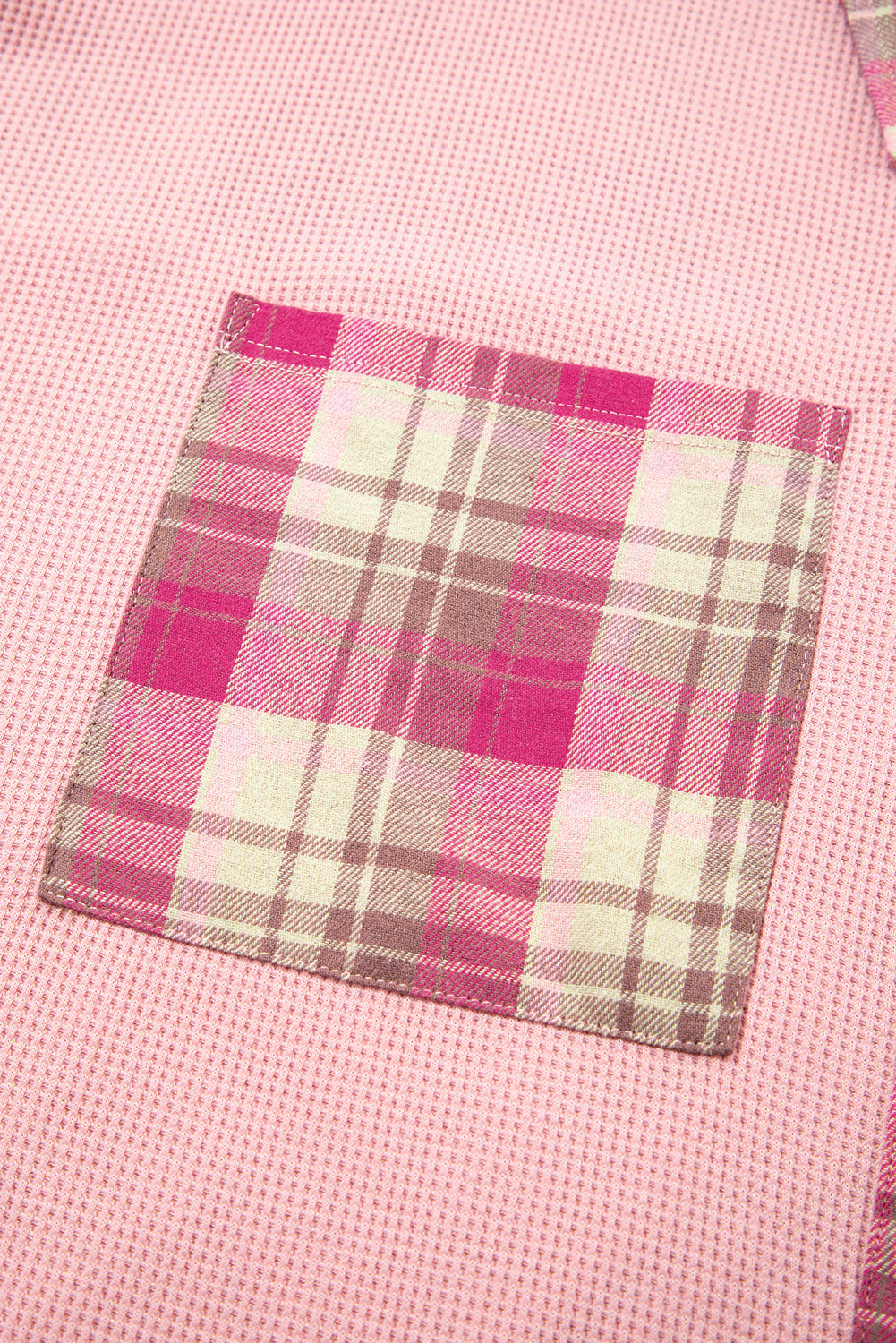 Plus Size Pink Waffle Patch Pocket Plaid Patchwork  Shirt